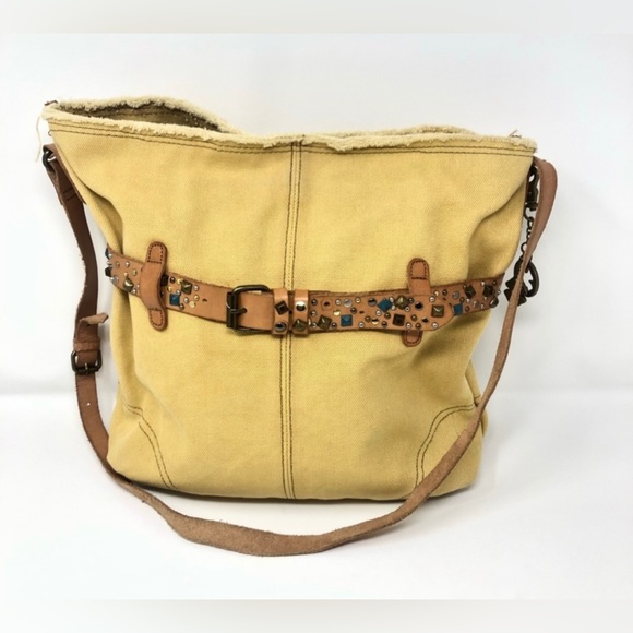LUCKY BRAND Calexico Crossbody Purse Canvas Leather Studded Camel Tan Brown - Picture 16 of 16